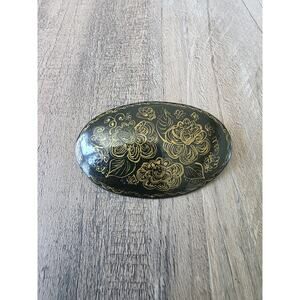 Ukrainian Black And Gold Hand Painted Vintage Brooch Pin Cottagecore